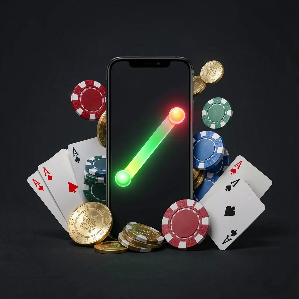 Instalação do aplicativo de cassino 5KKKK em um smartphone com uma barra de progresso brilhante, cercada por moedas, fichas e cartas sobre um fundo escuro, exibindo design premium de jogos móveis