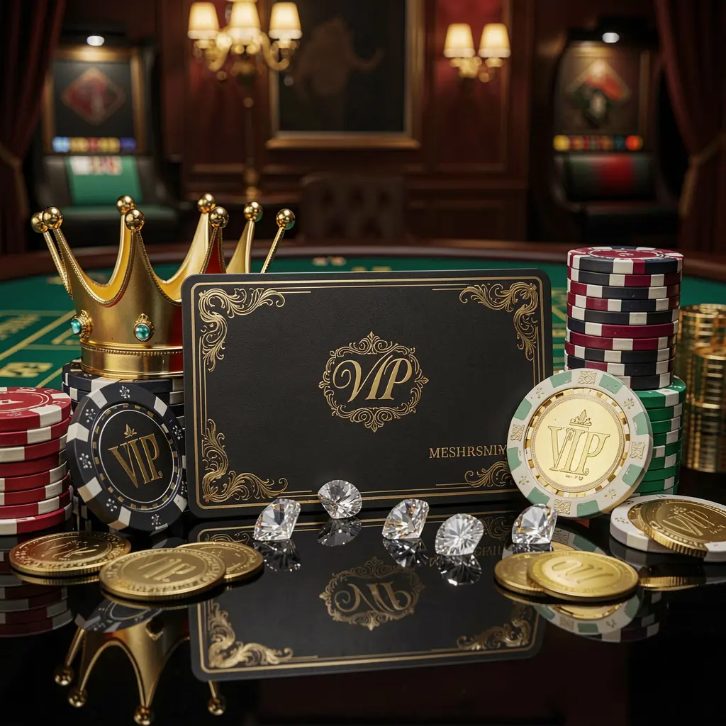 Conceito de bônus VIP do cassino 5KKKK apresentando uma coroa dourada, cartão de associação de luxo, fichas de pôquer, diamantes e moedas dispostos sobre uma mesa preta brilhante em um estilo elegante e premium