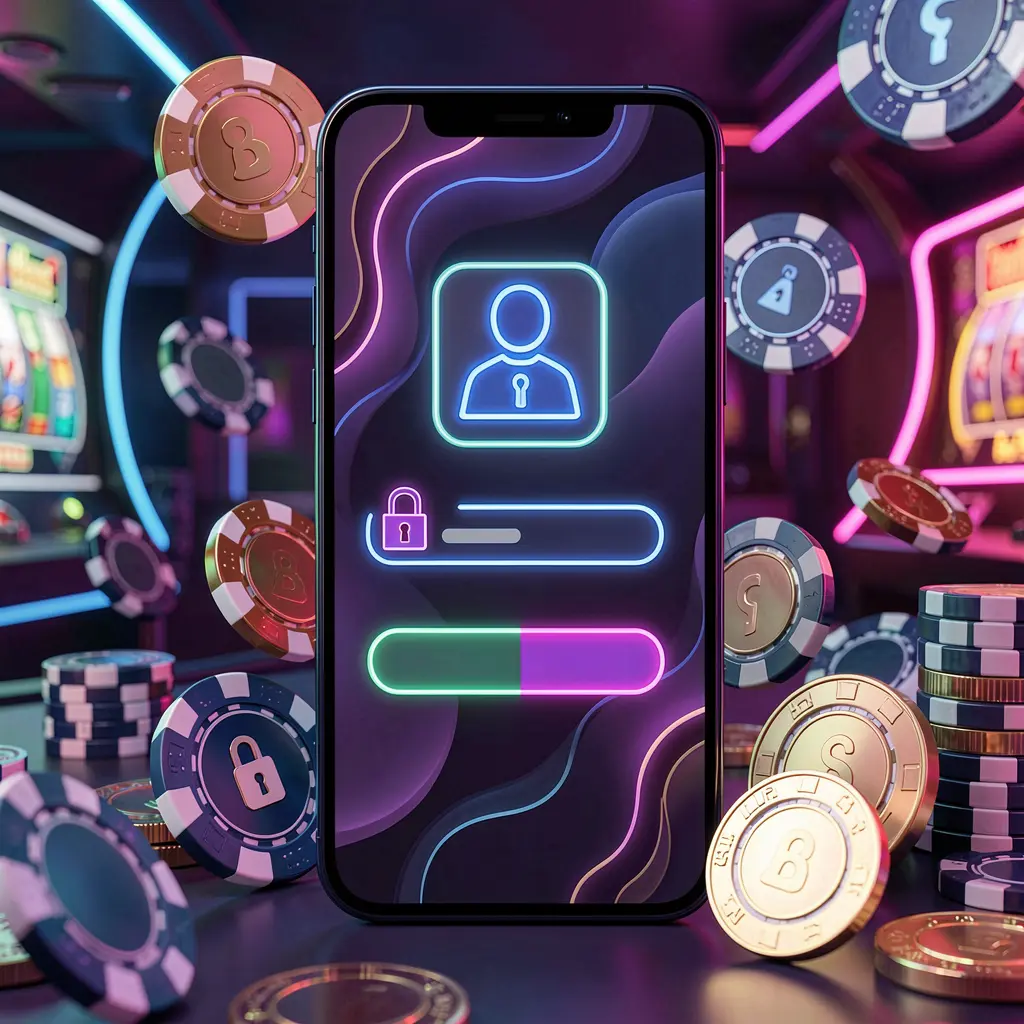 Conceito de página de login de jogos móveis 5KKKK em smartphone com ícones abstratos de usuário e cadeado, fichas de cassino e moedas ao redor, iluminado por iluminação neon luxuosa