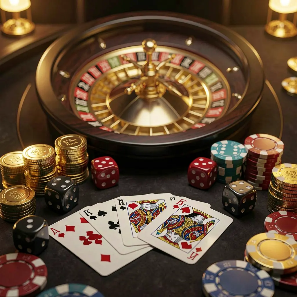 Página inicial elegante do cassino online 5KKKK apresentando cartas de royal flush, dados, moedas douradas e fichas de pôquer sobre uma mesa escura com uma roleta brilhante ao fundo
